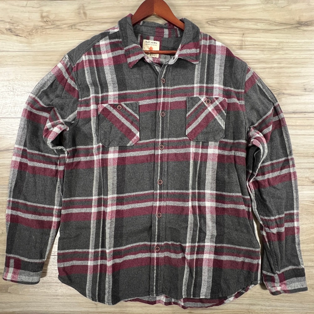 Ruff Hewn Mens XL Flannel Shirt Grey Burgundy Red Plaid Cotton Button Up